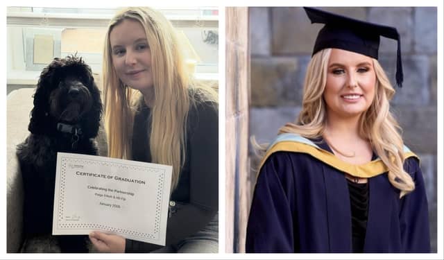 Left, Paige Elliott with her hearing dog, Fiji; right, Paige at her graduation ceremony.