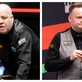 John Higgins, left, plays Shaun Murphy, right in the World Snooker Championship semi-final.