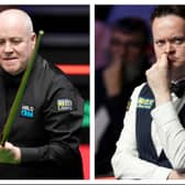John Higgins, left, plays Shaun Murphy, right in the World Snooker Championship semi-final.