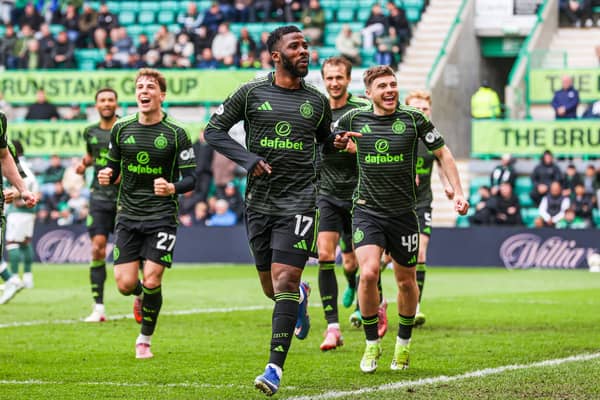 Celtic striker Kelechi Iheanacho celebrates after scoring to make it 2-1 against Hibs at Easter Road