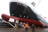 The Glen Sannox ferry pictured in 2017 ahead of its 'launch' with painted-on windows. It finally entered service in 2025