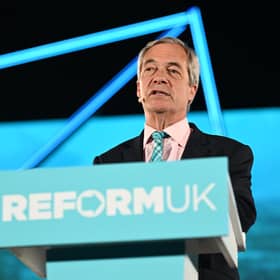 Reform UK leader Nigel Farage at a campaign rally in Aberdeen last month