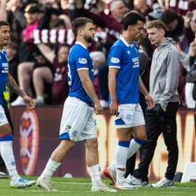 Rangers' James Tavernier, Nicolas Raskin and Bojan Miovski at full time after the 2-1 defeat by Hearts at Tynecastle. (Photo by Craig Foy / SNS Group)