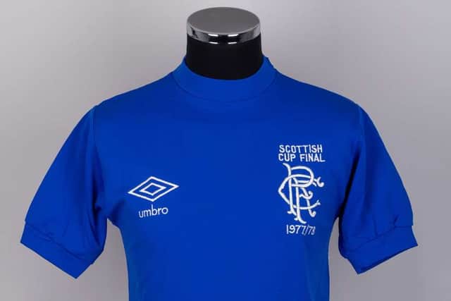 A strip worn by Sandy Jardine for Rangers in the Scottish Cup final in 1978 is also headed to auction. Picture: Budds