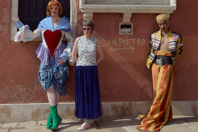 Bugarin + Castle pictured in Venice with curator Morven Gregor ahead of the opening of their exhibition Shame Parade at Scotland + Venice during the 61st International Art Exhibition - La Biennale di Venezia.