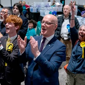 First Minister and SNP leader John Swinney with party supporters, at the election count for the 2026 Holyrood elections, at Dewars Centre in Perth, after he was re-elected in his Perthshire North constituency