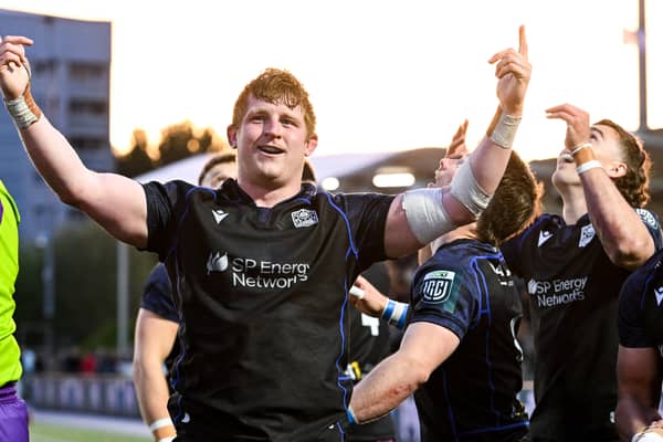 Johnny Matthews celebrates scoring Glasgow Warriors' fourth try in the win over Cardiff in the BKT United Rugby Championship at Scotstoun Stadium.