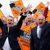 Liberal Democrat leader Ed Davey and Scottish party leader Alex Cole-Hamilton celebrate the Holyrood election results (Picture: Jeff J Mitchell)