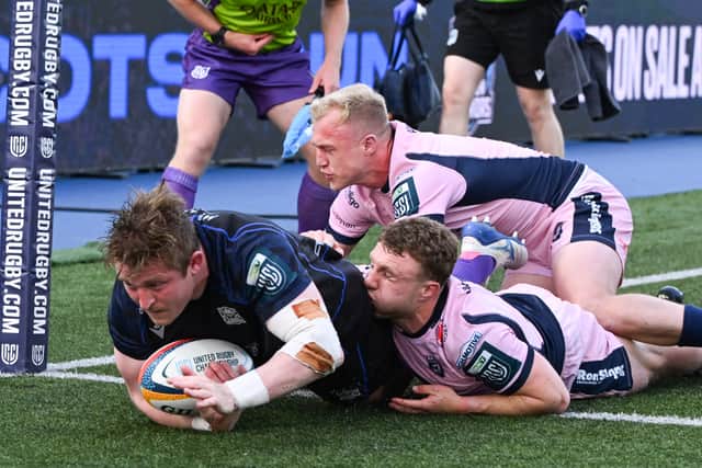 Johnny Matthews scores Glasgow Warriors' third try during the BKT United Rugby Championship win over Cardiff at Scotstoun.