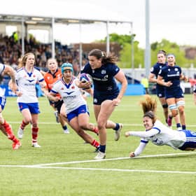 Scotland's Rachel Philipps breaks through to score a try during a Guinness Women's Six Nations match between Scotland and France at the Hive Stadium (Pic: SNS)