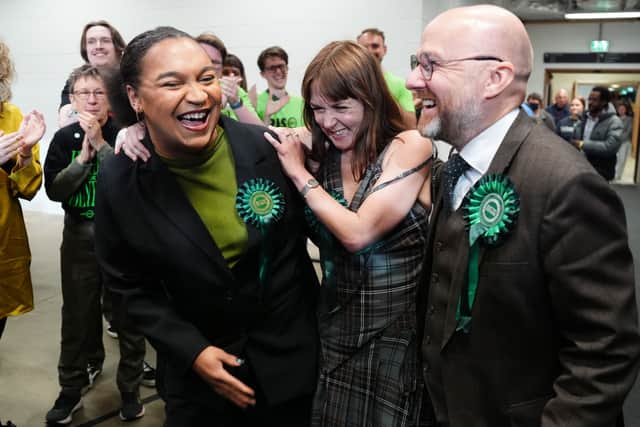 Scottish Greens candidate Holly Bruce (centre) with Iris Duane (left) and former party leader Patrick Harvie after Holly being declared winner of Glasgow Southside. The Scottish Greens have the highest proportion of female MSPs in Holyrood.