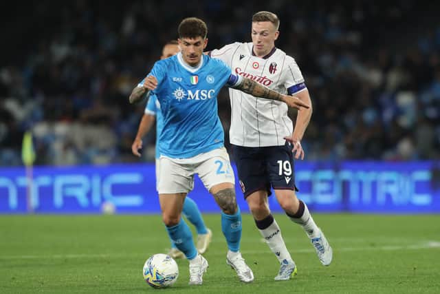 Bologna captain Lewis Ferguson challenges Napoli's Giovanni Di Lorenzo during the Serie A match at the Diego Armando Maradona Stadium in Naples on May 11, 2026. (Photo by CARLO HERMANN / AFP via Getty Images)