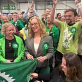 Scottish Green Party MSP Lorna Slater (centre) celebrates with party colleagues after winning the Edinburgh Central constituency in the 2026 Holyrood elections at the Royal Highland Centre in Edinburgh