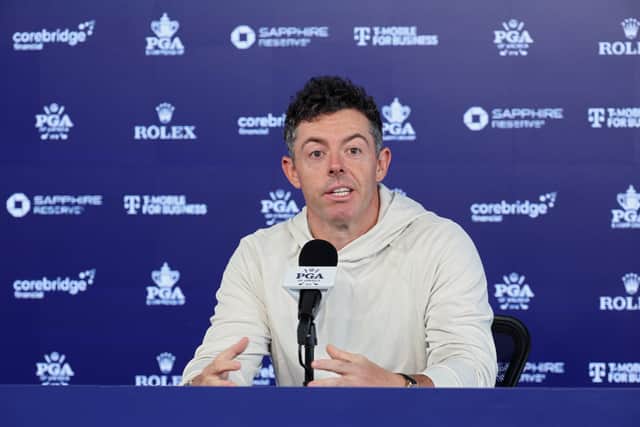Two-time PGA champion Rory McIlroy speaks to the media at Aronimink Golf Club in Newtown, Pennsylvania 