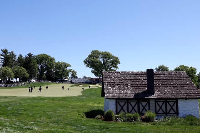 A general view of the 18th hole at Aronimink Golf Club during a practice round prior to the PGA Championship 