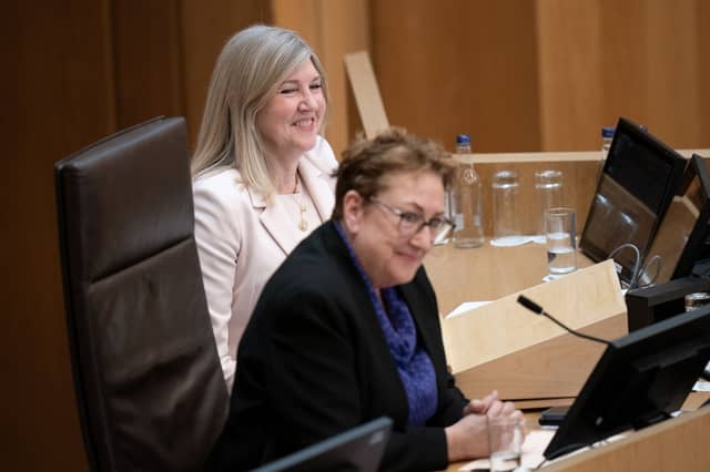 Outgoing Presiding Officer Alison Johnstone and former deputy presiding officer Annabelle Ewing.