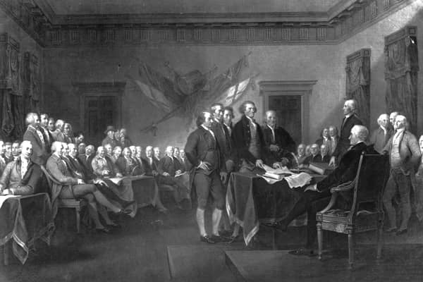 The American Declaration of Independence was adopted by the Continental Congress in Philadelphia on July 4, 1776 (Original Artwork: Engraving after a painting by John Trumbull/Rischgitz)