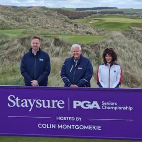 Staysure PGA Senior Championshp host Colin Montgomerie pictured on the New Course at Trump International Golf Links near Aberdeen with Staysure Legends Tour managing director David Adams and Sarah Malone,   executive vice president of Trump International Golf Links  