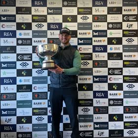 Michael Stewart shows off the trophy after winning the Montrose Links Masters presented by Montrose Port Authority on the Tartan Pro Tour