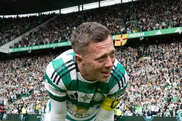 Celtic captain Callum McGregor reacts to winning the Premiership title against Hearts.