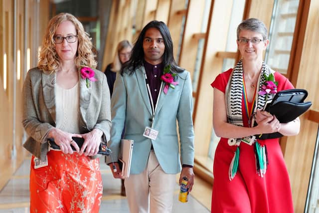 Former Scottish Green co-leader Lorna Slater MSP, Q Manivannan MSP, and North East MSP Maggie Chapman.
