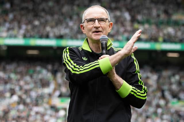 Martin O'Neill speaks to the Celtic fans after winning the Premiership title.