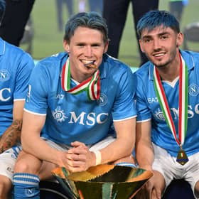 Scott McTominay and Billy Gilmour celebrate winning the Serie A title with Napoli last season. (Photo by Francesco Pecoraro/Getty Images)