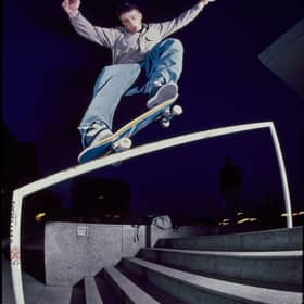 Scottish skateboarder Colin Kennedy pictured outside the Design Museum in London in 1996