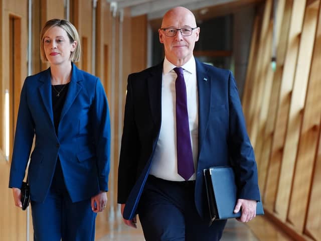 First Minister John Swinney and newly-appointed Deputy First Minister Jenny Gilruth arrive for the formal appointment of ministers at the Scottish Parliament in Edinburgh on Thursday