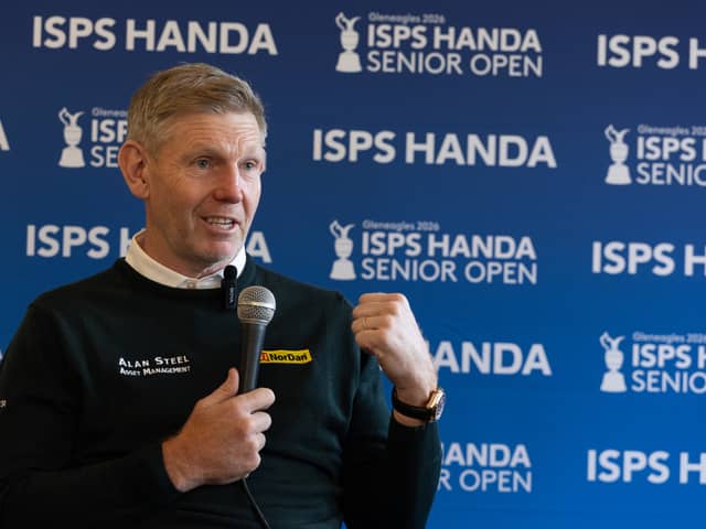 Four-time DP World Tour winner Stephen Gallacher speaks to reporters at a media day for the ISPS Handa Senior Open at Gleneagles