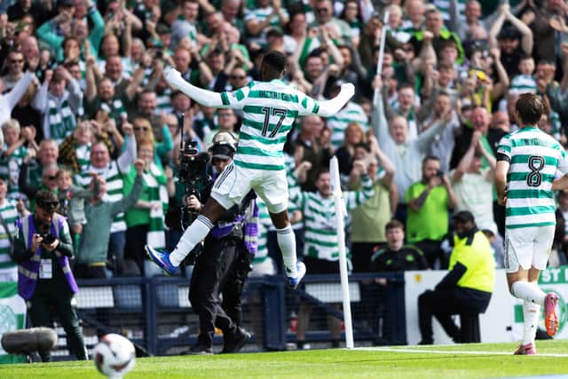 Iheanacho celebrates scoring Celtic's third goal in the 3-1 Scottish Cup Final win over Dunfermline Athletic.