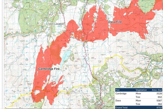 The estimated area burned by the Dava-Carrbridge wildfire
