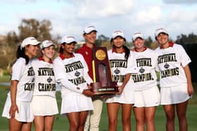 Head coach Anne Walker, centre, celebrates with Paula Martin Sampedro, Andrea Revuelta, Meja Ortengren, Anna Song, Kelly Xu and Megha Ganne after Stanford University won the NCAA Women’s National Championship at Omni La Costa Resort & Spa in Carlsbad, California 