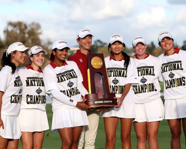 Head coach Anne Walker, centre, celebrates with Paula Martin Sampedro, Andrea Revuelta, Meja Ortengren, Anna Song, Kelly Xu and Megha Ganne after Stanford University won the NCAA Women’s National Championship at Omni La Costa Resort & Spa in Carlsbad, California 