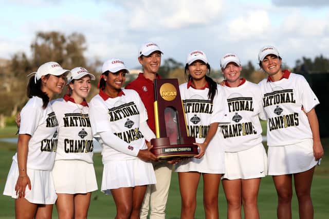 Head coach Anne Walker, centre, celebrates with Paula Martin Sampedro, Andrea Revuelta, Meja Ortengren, Anna Song, Kelly Xu and Megha Ganne after Stanford University won the NCAA Women’s National Championship at Omni La Costa Resort & Spa in Carlsbad, California