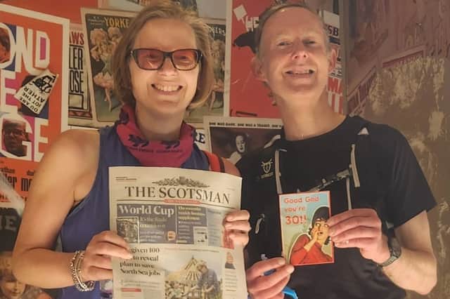 The Scotsman Magazine Editor Alison Gray and Transport Correspondent Alastair Dalton celebrating their 30 years with the paper with a 12k run between its past and present offices