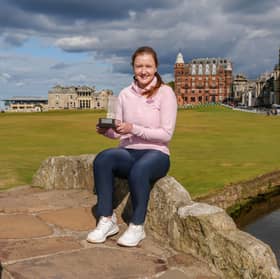Kate Lanigan shows off the St Rule Trophy after becoming the first Irish player to win the St Andrews tournament