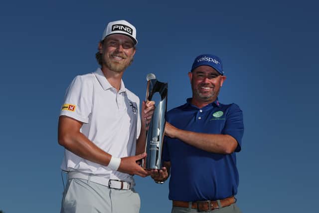 Norwegian Kristoffer Reitan celebrates winning the PGA Tour’s Truist Championship with his caddie, Edinburgh man Tim Poyser, at Quail Hollow in North Carolina 