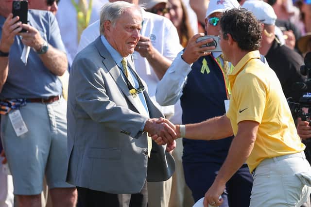 Rory McIlroy shakes hands with the Memorial Tournament host Jack Nicklaus after the final round in 2023 and is determined to do so one day as a winner of the event at Muirfield Village in Dublin, Ohio 