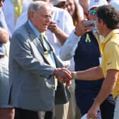 Rory McIlroy shakes hands with the Memorial Tournament host Jack Nicklaus after the final round in 2023 and is determined to do so one day as a winner of the event at Muirfield Village in Dublin, Ohio 