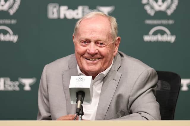 Tournament host Jack Nicklaus speaks with the media prior to the Memorial Tournament presented by Workday at Muirfield Village Golf Club in Dublin, Ohio