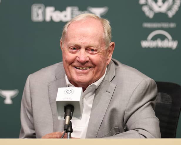 Tournament host Jack Nicklaus speaks with the media prior to the Memorial Tournament presented by Workday at Muirfield Village Golf Club in Dublin, Ohio