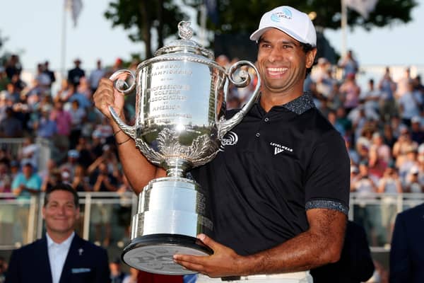 Aaron Rai celebrates with The Wanamaker Trophy after winning the PGA Championship at Aronimink Golf Club in Pennsylvania last month