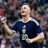 Lawrence Shankland celebrates scoring one of his two goals against Curacao at Hampden last weekend. (Photo by Rob Casey / SNS Group)