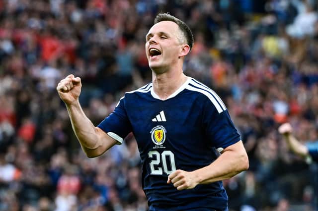 Lawrence Shankland celebrates scoring one of his two goals against Curacao at Hampden last weekend. (Photo by Rob Casey / SNS Group)