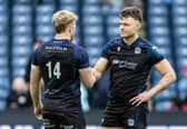 Glasgow Warriors captain Kyle Steyn shakes hands with Jack Dempsey after the loss to the Bulls in the URC semi-final at Murrayfield. It was Dempsey's last game for the club.