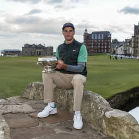 Lev Grinberg shows off the Links Trophy after his seven-shot success in St Andrews