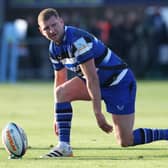Finn Russell of Bath Rugby lines up a conversion kick during the Gallagher PREM match between Bath Rugby and Harlequins at The Recreation Ground on April 18 (Pic: Getty)
