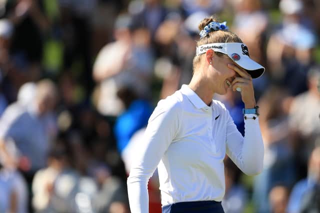 World No 1 Nelly Korda is overcome with emotion after holing the winning putt at Riviera Country Club