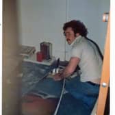 Pat Kieran building a surfboard at Farmhouse Cottage, Thurso, late 1970s